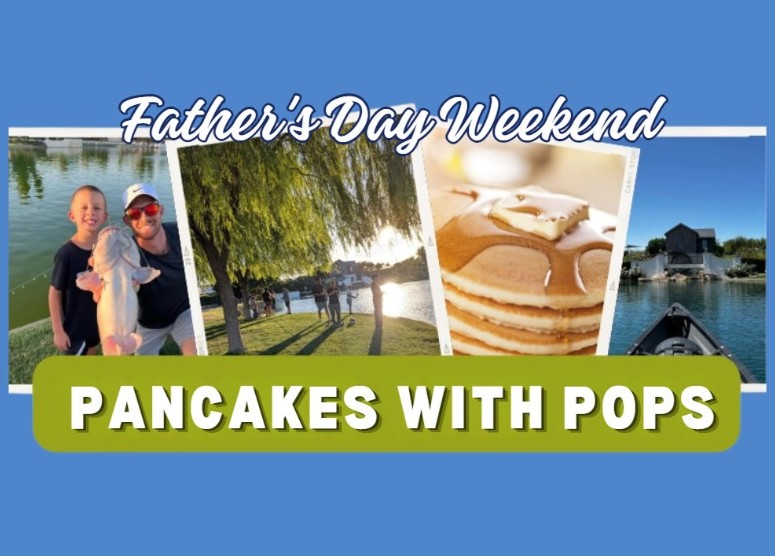 Father's Day Weekend - Pancakes with Pops; two people holding a fish, the lake, pancakes and plants around QC Botanical Gardens.