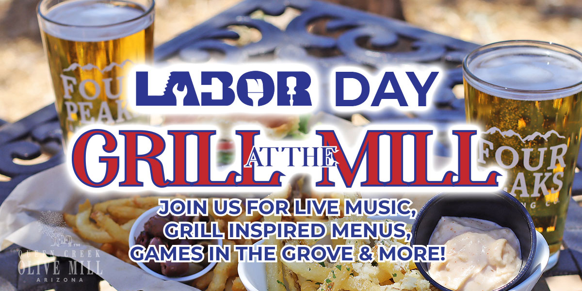 Labor Day - Grill at the Mill. Join us for live music, grill inspired menus and games in the grove and more! Two drinks next to a plate of fried food.
