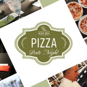 Pizza Date Night logo featuring a variety of pizza dishes, a table set for two and a cook preparing food.