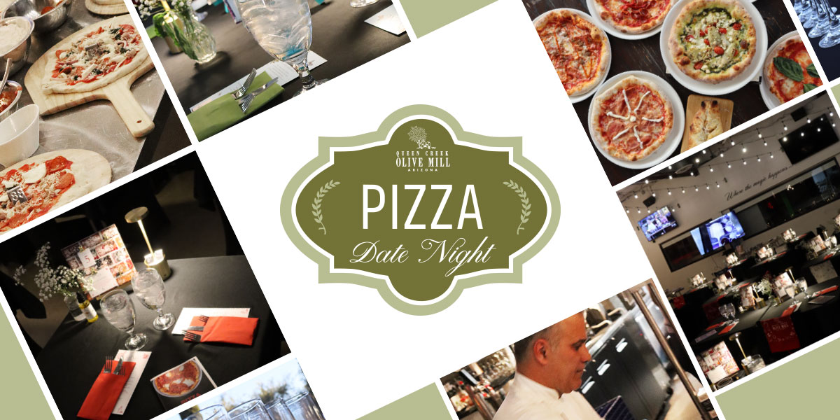 Pizza Date Night logo featuring a variety of pizza dishes, a table set for two and a cook preparing food.